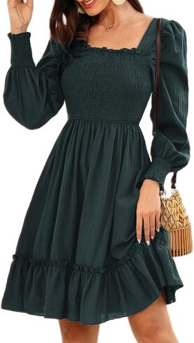 فستان Zexxxy برقبة مربعة للنساء وأكمام قصيرة وكشكشة على شكل حرف A بطول الركبة S-XXL in Kuwait