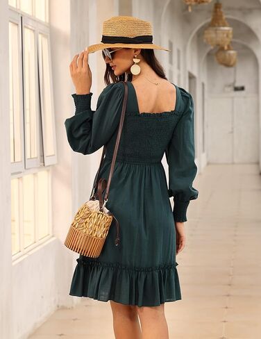 فستان Zexxxy برقبة مربعة للنساء وأكمام قصيرة وكشكشة على شكل حرف A بطول الركبة S-XXL in Kuwait