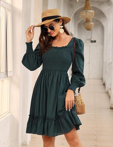 فستان Zexxxy برقبة مربعة للنساء وأكمام قصيرة وكشكشة على شكل حرف A بطول الركبة S-XXL in Kuwait