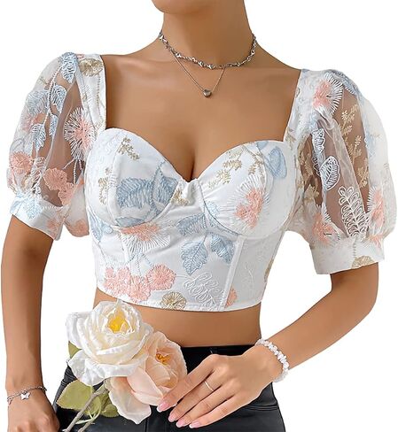 Women's Floral Embroidered Puff Sleeve Tops Slim Fit Corset Crop Top Sexy Bustier Tank Top T-Shirts in Saudi Arabia