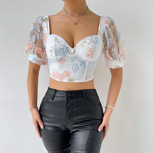 Women's Floral Embroidered Puff Sleeve Tops Slim Fit Corset Crop Top Sexy Bustier Tank Top T-Shirts in Saudi Arabia