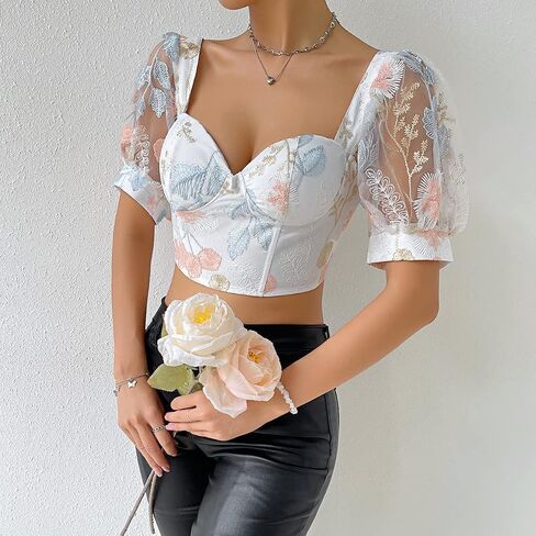 Women's Floral Embroidered Puff Sleeve Tops Slim Fit Corset Crop Top Sexy Bustier Tank Top T-Shirts in Saudi Arabia