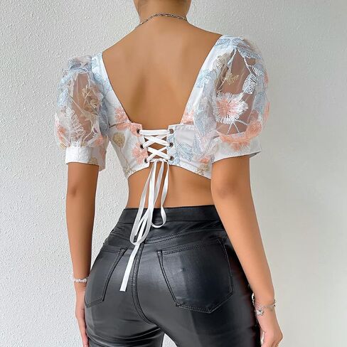Women's Floral Embroidered Puff Sleeve Tops Slim Fit Corset Crop Top Sexy Bustier Tank Top T-Shirts in Saudi Arabia