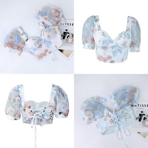 Women's Floral Embroidered Puff Sleeve Tops Slim Fit Corset Crop Top Sexy Bustier Tank Top T-Shirts in Saudi Arabia