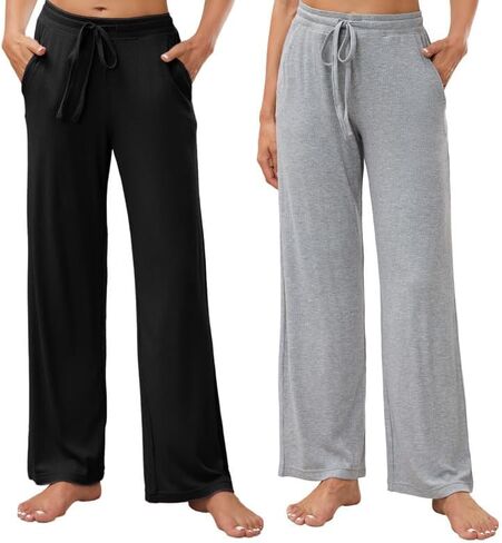 HEARTNICE 2 Pack Women's Pajamas Pants with Pockets Wide Leg Lounge Casual Loose Comfy Stretch Rib Yoga Sweatpants in Saudi Arabia