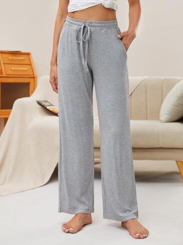 HEARTNICE 2 Pack Women's Pajamas Pants with Pockets Wide Leg Lounge Casual Loose Comfy Stretch Rib Yoga Sweatpants in Saudi Arabia
