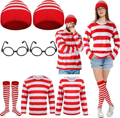 Hicarer 7 Pieces Halloween Cosplay Red and White Striped Shirt Adult Men Women's Halloween Costumes Sweatshirt Wizard Glasses Hat Sock Suits Youth Funny Sweatshirt Outfit Glasses Suits in Saudi Arabia