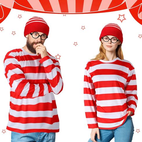Hicarer 7 Pieces Halloween Cosplay Red and White Striped Shirt Adult Men Women's Halloween Costumes Sweatshirt Wizard Glasses Hat Sock Suits Youth Funny Sweatshirt Outfit Glasses Suits in Saudi Arabia