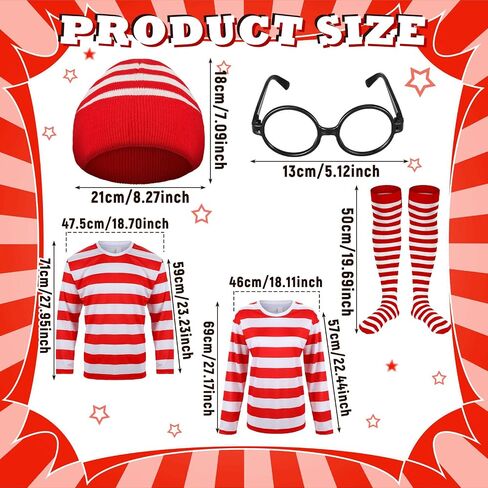 Hicarer 7 Pieces Halloween Cosplay Red and White Striped Shirt Adult Men Women's Halloween Costumes Sweatshirt Wizard Glasses Hat Sock Suits Youth Funny Sweatshirt Outfit Glasses Suits in Saudi Arabia