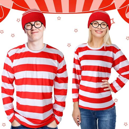 Hicarer 7 Pieces Halloween Cosplay Red and White Striped Shirt Adult Men Women's Halloween Costumes Sweatshirt Wizard Glasses Hat Sock Suits Youth Funny Sweatshirt Outfit Glasses Suits in Saudi Arabia