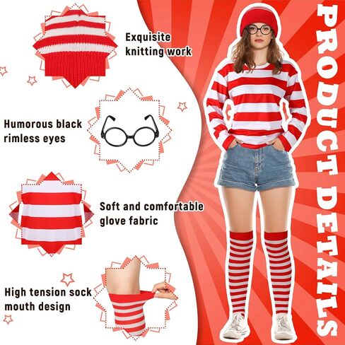 Hicarer 7 Pieces Halloween Cosplay Red and White Striped Shirt Adult Men Women's Halloween Costumes Sweatshirt Wizard Glasses Hat Sock Suits Youth Funny Sweatshirt Outfit Glasses Suits in Saudi Arabia