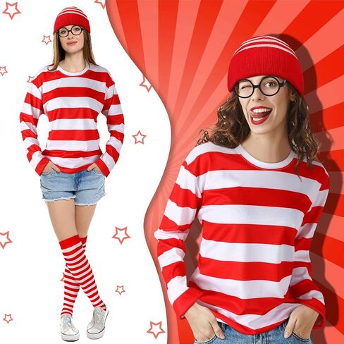Hicarer 7 Pieces Halloween Cosplay Red and White Striped Shirt Adult Men Women's Halloween Costumes Sweatshirt Wizard Glasses Hat Sock Suits Youth Funny Sweatshirt Outfit Glasses Suits in Saudi Arabia