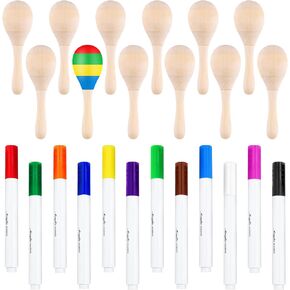 Morcheiong 12Pcs DIY Mini Wooden Maracas for Kids with 12Pcs Multicolor Pens, Fiesta Mexican Maracas Favors, Cinco De Mayo Party Supplies Decorations