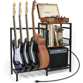 رف جيتار على الأرض من ikkle لـ 4 جيتار متعددة، حامل جيتار قابل للتعديل مع منافذ طاقة للصوت، والباس، والكهرباء، ورف تخزين ثلاثي الطبقات لملحقات أمبير الجيتار in Kuwait