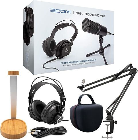 حزمة ملحقات ميكروفون Zoom ZDM-1 Pro Podcast مع سماعة رأس مغلقة من الخلف، وحامل سماعة الرأس، وذراع مقص، وحقيبة سماعة الرأس وكابل Aux ستيريو (6 قطع) in Kuwait
