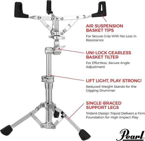 Pearl S930 Double-Braced Snare Drum Stand with Gearless UniLock Basket Tilter, Heavy Double Braced Legs, and Adjustable Gripping Basked & BC930 Double-Braced Cymbal Boom Stand, Heavy Weight Boom Stand in Kuwait