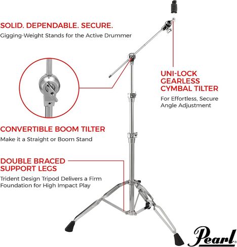 Pearl S930 Double-Braced Snare Drum Stand with Gearless UniLock Basket Tilter, Heavy Double Braced Legs, and Adjustable Gripping Basked & BC930 Double-Braced Cymbal Boom Stand, Heavy Weight Boom Stand in Kuwait