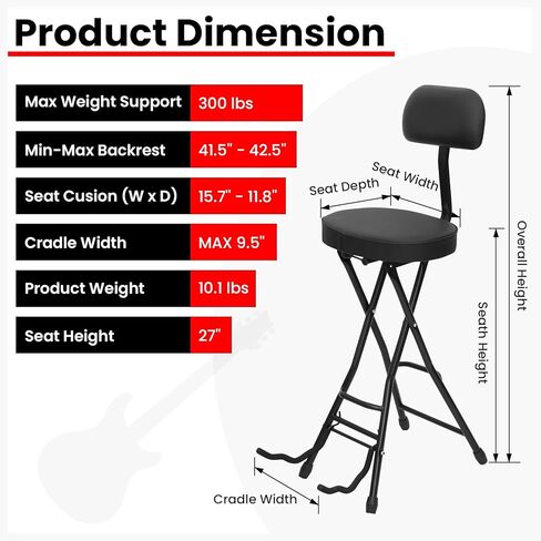 مقعد جيتار فيرجو، مقعد جيتار قابل للطي مع وسادة مبطنة، مقعد جيتار مريح لمسند الظهر لكل من عازفي الجيتار الصوتي والكهربائي ولاعبي الباس in Kuwait