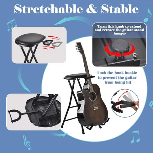 مقعد جيتار، كرسي جيتار قابل للطي مع شماعة جيتار، مقعد جيتار مع وسادة مبطنة، مسند ظهر مريح وحامل جيتار قابل للطي، يحمل جيتار صوتي/كهربائي، مقعد محمول للمسرح in Kuwait