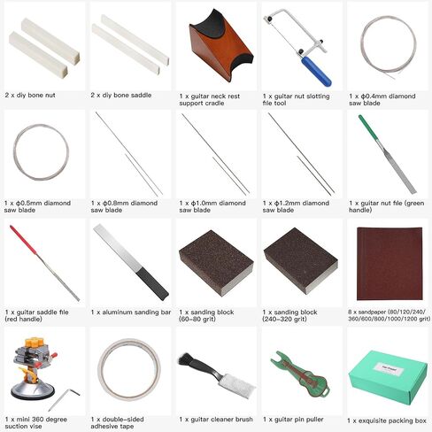 DIY Acoustic Guitar Bone Bridge Saddle Nut Tool Set, Includes Guitar Nut Slotting Files, Guitar Neck Rest, Sanding Block, Sandpaper, Vise, Cleaner Brush, Perfect for Guitar Players, Enthusiasts in Kuwait
