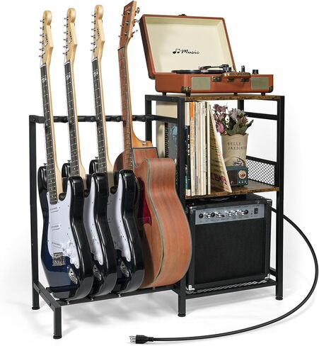 رف جيتار على الأرض من ikkle لـ 4 جيتار متعددة، حامل جيتار قابل للتعديل مع منافذ طاقة للصوت، والباس، والكهرباء، ورف تخزين ثلاثي الطبقات لملحقات أمبير الجيتار in Kuwait