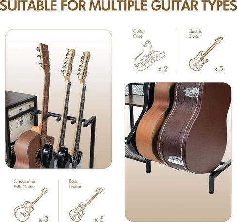 رف جيتار على الأرض من ikkle لـ 4 جيتار متعددة، حامل جيتار قابل للتعديل مع منافذ طاقة للصوت، والباس، والكهرباء، ورف تخزين ثلاثي الطبقات لملحقات أمبير الجيتار in Kuwait