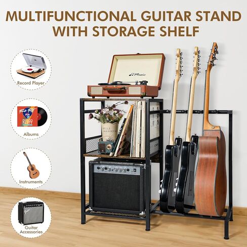 رف جيتار على الأرض من ikkle لـ 4 جيتار متعددة، حامل جيتار قابل للتعديل مع منافذ طاقة للصوت، والباس، والكهرباء، ورف تخزين ثلاثي الطبقات لملحقات أمبير الجيتار in Kuwait