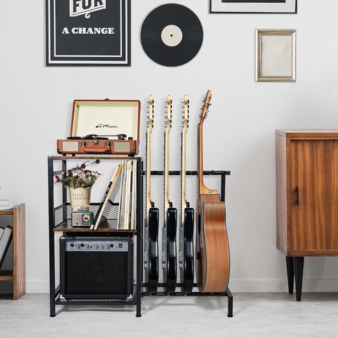 رف جيتار على الأرض من ikkle لـ 4 جيتار متعددة، حامل جيتار قابل للتعديل مع منافذ طاقة للصوت، والباس، والكهرباء، ورف تخزين ثلاثي الطبقات لملحقات أمبير الجيتار in Kuwait