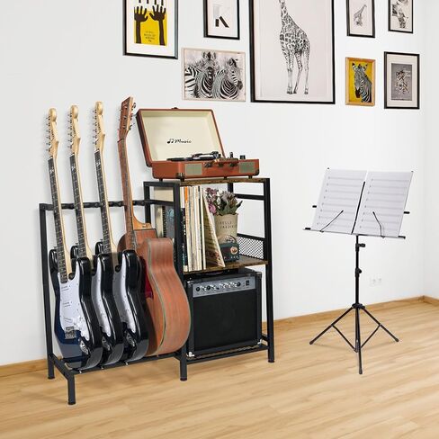 رف جيتار على الأرض من ikkle لـ 4 جيتار متعددة، حامل جيتار قابل للتعديل مع منافذ طاقة للصوت، والباس، والكهرباء، ورف تخزين ثلاثي الطبقات لملحقات أمبير الجيتار in Kuwait