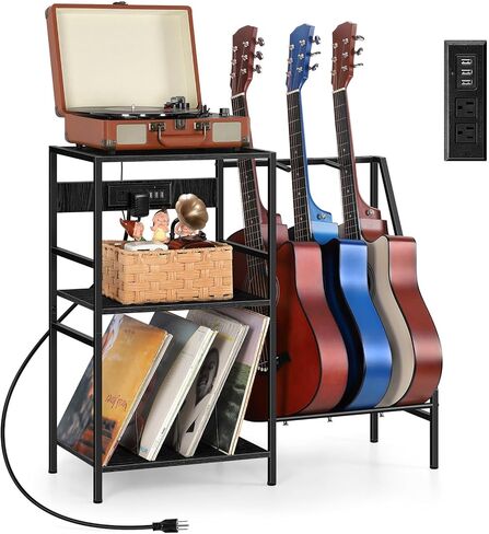 Vrisa Guitar Stand, Guitar Rack with 3 USB Ports and 2 AC Outlets Guitar Stands Floor Electric Guitar Accessories with 3-tier Storage Shelf Guitar Holder for Guitar Amp Picks Accessories, Grey in Kuwait