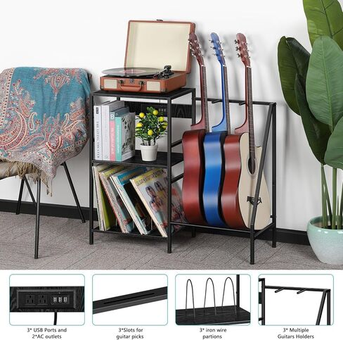 Vrisa Guitar Stand, Guitar Rack with 3 USB Ports and 2 AC Outlets Guitar Stands Floor Electric Guitar Accessories with 3-tier Storage Shelf Guitar Holder for Guitar Amp Picks Accessories, Grey in Kuwait