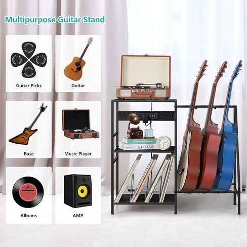 Vrisa Guitar Stand, Guitar Rack with 3 USB Ports and 2 AC Outlets Guitar Stands Floor Electric Guitar Accessories with 3-tier Storage Shelf Guitar Holder for Guitar Amp Picks Accessories, Grey in Kuwait
