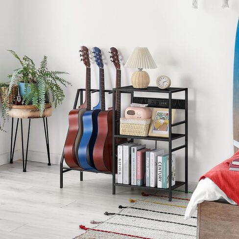 Vrisa Guitar Stand, Guitar Rack with 3 USB Ports and 2 AC Outlets Guitar Stands Floor Electric Guitar Accessories with 3-tier Storage Shelf Guitar Holder for Guitar Amp Picks Accessories, Grey in Kuwait