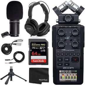 مجموعة تسجيل البودكاست المحمولة Zoom H6 All Black Six Track مع ميكروفون ديناميكي Zoom وسماعات الرأس والملحقات (4 عناصر) in Kuwait