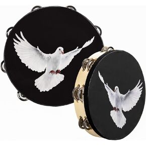 Elsjoy Set of 2 Tambourine, 10" and 8" Dove and Bible Church Tambourine with Double Row Jingle, Wooden Handbell Hand Clap Drum Percussion Instrument