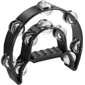 Flexzion Half Moon Musical Tambourine (Red) Double Row Metal Jingles Hand Held Percussion Drum with Ergonomic Handle Grip