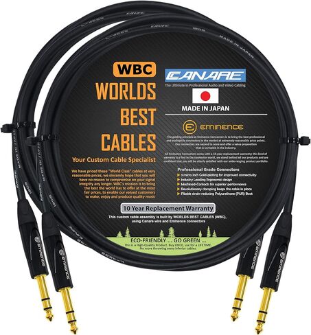 WORLDS BEST CABLES 2 Units - 6 Foot - Canare L-4E6S, Star Quad Balanced TRS Patch Cable with Eminence Gold E502 TRS Stereo Plugs - Custom Made in Saudi Arabia