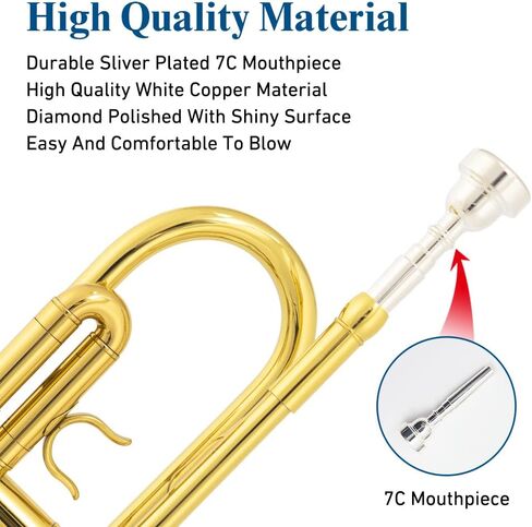 أداة بوق Bb من JUUXAAN نحاسية قياسية مع حافظة صلبة، حامل بوق خمس أرجل، قفازات، فتحة فم 7C وزيت صمام للمبتدئين (فضي) in Kuwait