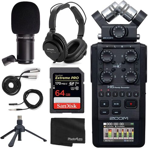 مجموعة تسجيل البودكاست المحمولة Zoom H6 All Black Six Track مع ميكروفون ديناميكي Zoom وسماعات الرأس والملحقات (4 عناصر) in Kuwait