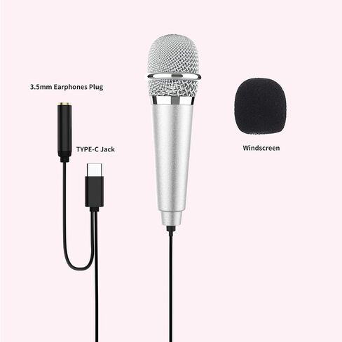 USB C Mini Karaoke Microphone for Android Phone, Laptop, Tablets Small ASMR Microphone for Voice Video Recording Singing, Vlogging, Podcasting YouTube (1 PCS Silver) in Kuwait