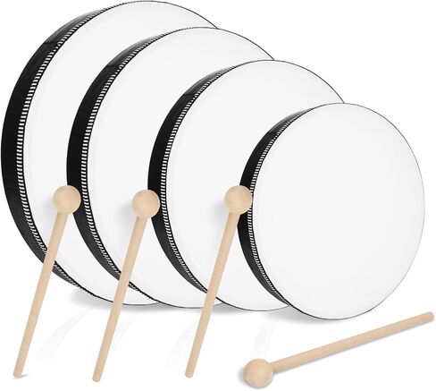 CertBuy 4 Pcs Kids Hand Drums Adults Wood Frame Drum with Drum Stick, 10 Inch 8 Inch 6 Inch 4 Inch Educational Musical Instruments for Adults Drums Beginners for Home School Party Supplies in Kuwait
