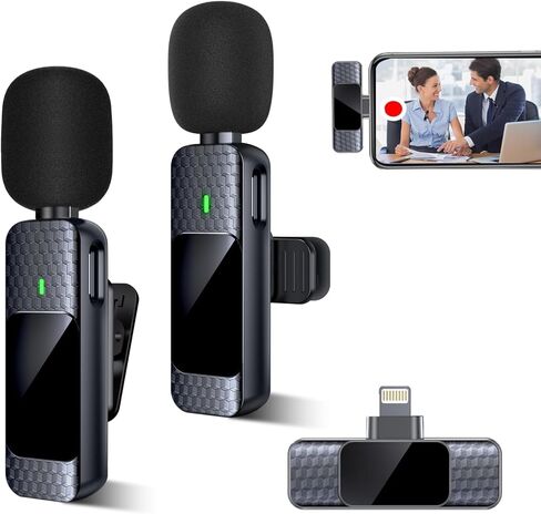 Guzoea 2 Pack Wireless Lavalier Lapel Microphone for iPhone iPad Lightning Ports, Plug-Play Portable Professional Wireless Microphones, Wireless Mic for Recording Interview Vlog Livestream in Kuwait