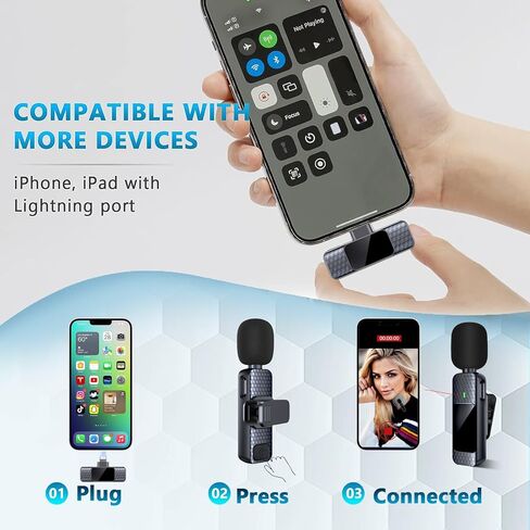 Guzoea 2 Pack Wireless Lavalier Lapel Microphone for iPhone iPad Lightning Ports, Plug-Play Portable Professional Wireless Microphones, Wireless Mic for Recording Interview Vlog Livestream in Kuwait