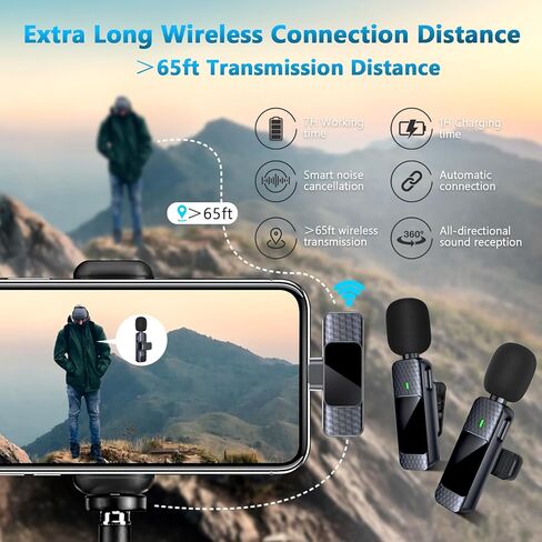 Guzoea 2 Pack Wireless Lavalier Lapel Microphone for iPhone iPad Lightning Ports, Plug-Play Portable Professional Wireless Microphones, Wireless Mic for Recording Interview Vlog Livestream in Kuwait