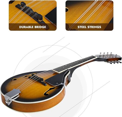 أدوات المندولين من Asmuse A، مندولين من خشب الماهوجني مع أوتار موالف وحزام حقيبة الحفلة للبالغين المبتدئين (Sunburst) in Kuwait