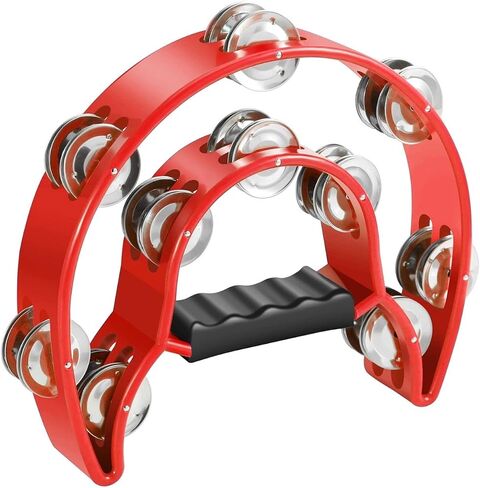 Flexzion Half Moon Musical Tambourine (Red) Double Row Metal Jingles Hand Held Percussion Drum with Ergonomic Handle Grip in Kuwait