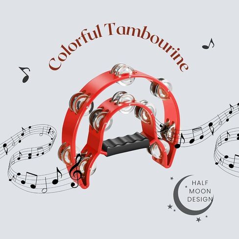Flexzion Half Moon Musical Tambourine (Red) Double Row Metal Jingles Hand Held Percussion Drum with Ergonomic Handle Grip in Kuwait