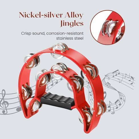 Flexzion Half Moon Musical Tambourine (Red) Double Row Metal Jingles Hand Held Percussion Drum with Ergonomic Handle Grip in Kuwait