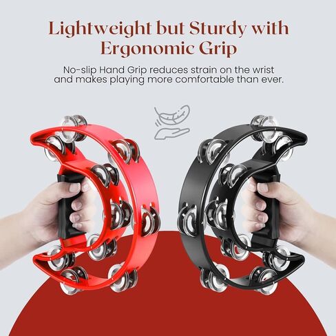 Flexzion Half Moon Musical Tambourine (Red) Double Row Metal Jingles Hand Held Percussion Drum with Ergonomic Handle Grip in Kuwait