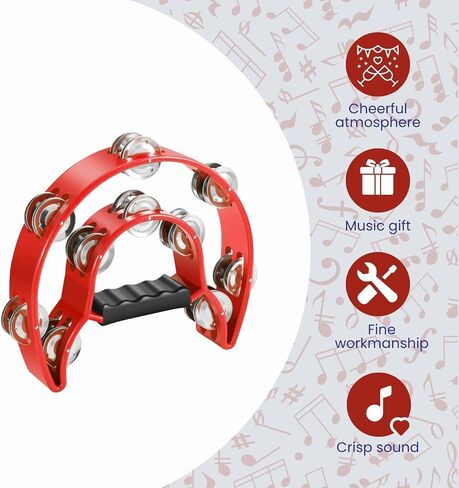 Flexzion Half Moon Musical Tambourine (Red) Double Row Metal Jingles Hand Held Percussion Drum with Ergonomic Handle Grip in Kuwait